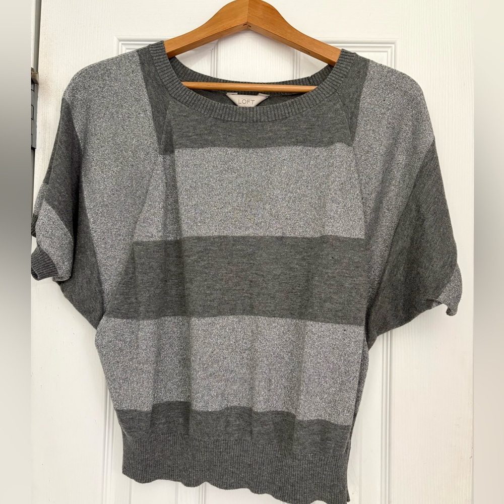 LOFT Gray Striped Short-Sleeve Crewneck Sweater